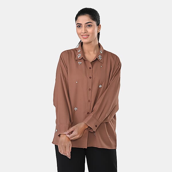 La Marey Mocha 3/4 Sleeve Blouse With Hand Sewn Jewels - One Size Fits Most