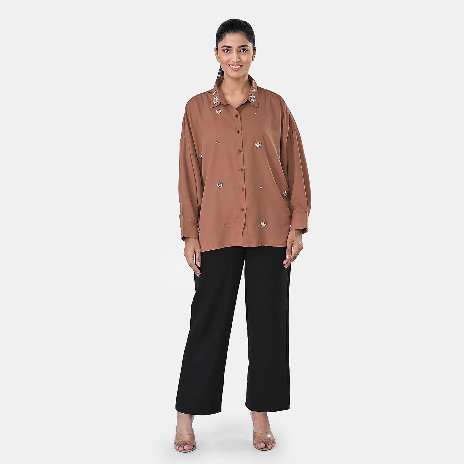 La Marey Mocha 3/4 Sleeve Blouse with Hand Sewn Jewels - One Size Fits Most