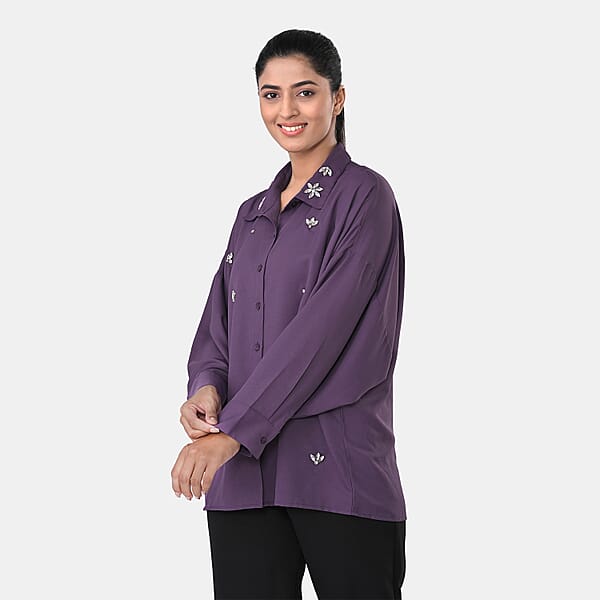 La Marey Purple 3/4 Sleeve Blouse With Hand Sewn Jewels - One Size Fits Most