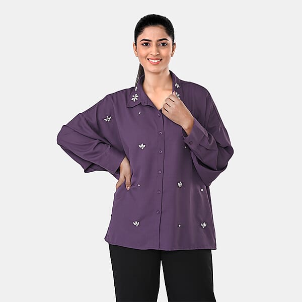 La Marey Purple 3/4 Sleeve Blouse With Hand Sewn Jewels - One Size Fits Most