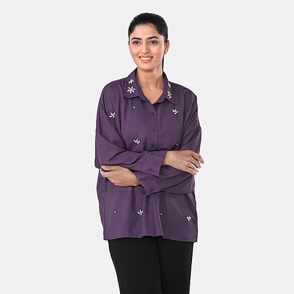 La Marey Purple 3/4 Sleeve Blouse With Hand Sewn Jewels - One Size Fits Most