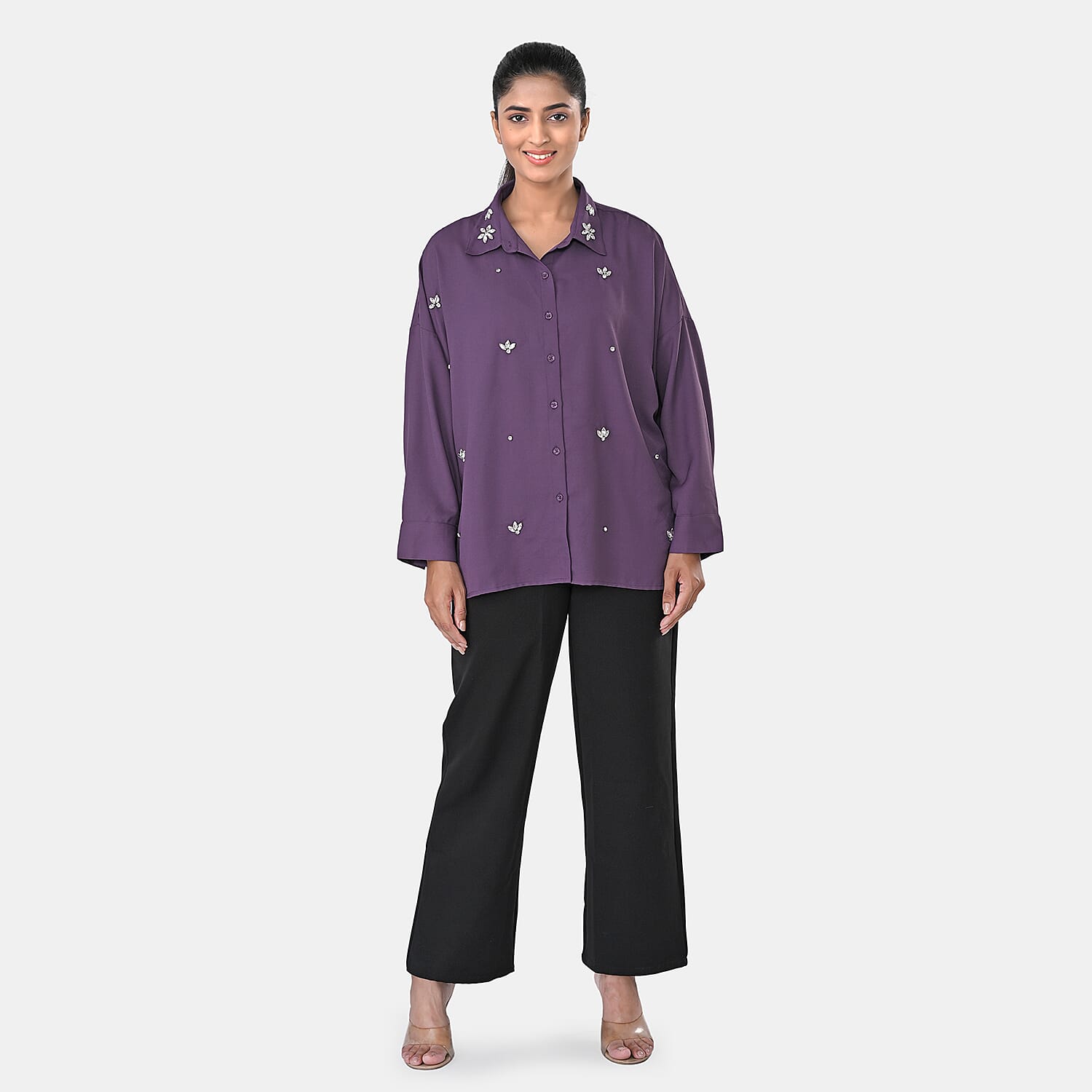 La Marey Purple 3/4 Sleeve Blouse with Hand Sewn Jewels - One Size Fits Most