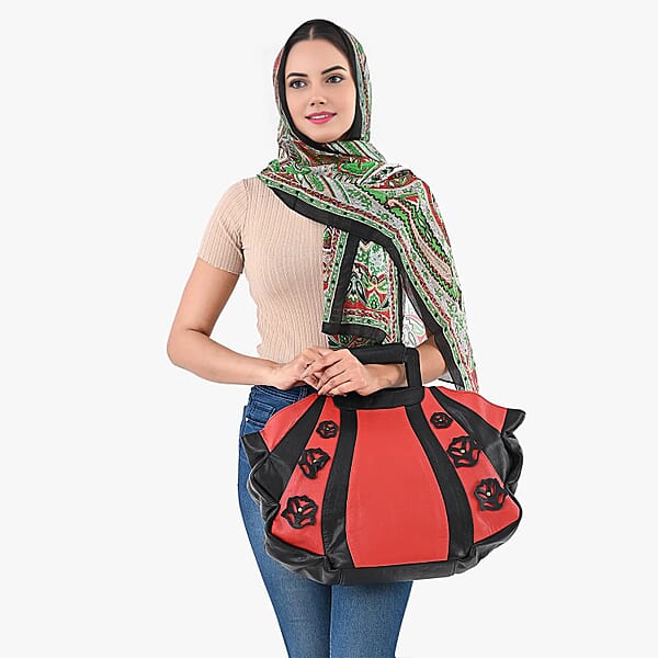 LA MAREY Red 100% Genuine Leather Tote Bag With Silk Scarf