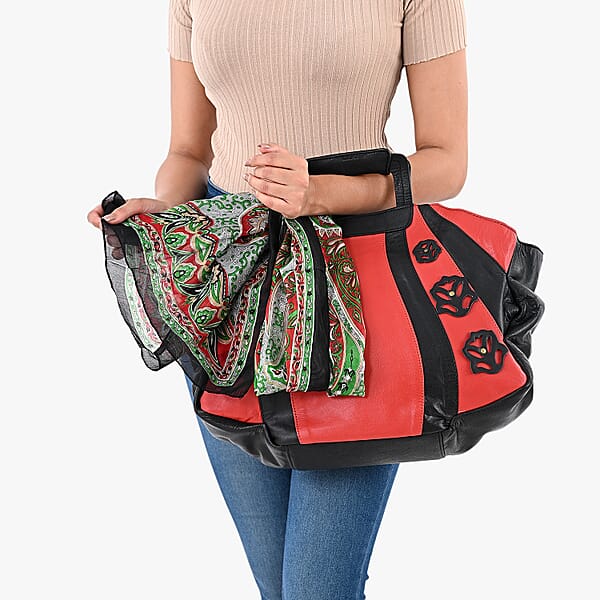 LA MAREY Red 100% Genuine Leather Tote Bag With Silk Scarf