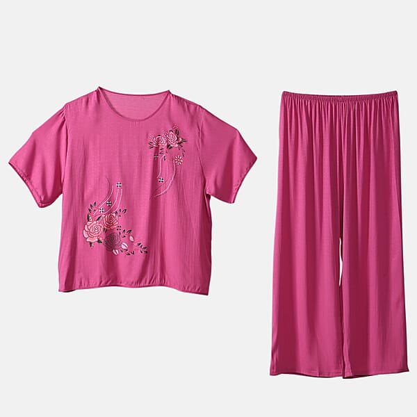 La Marey Rose Floral Short Sleeve Top And Wide Leg Pants - One Size Fits Most