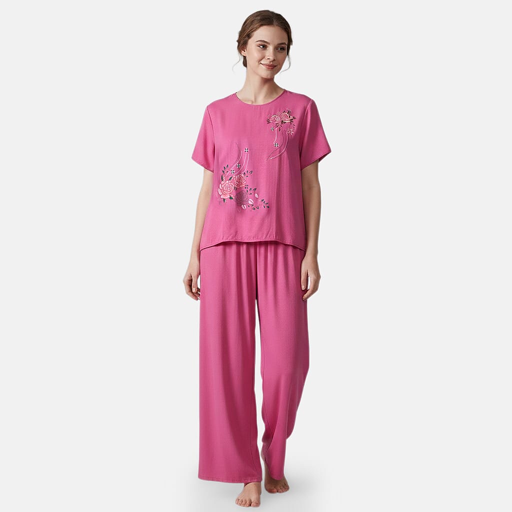 La Marey Rose Floral Short Sleeve Top and Wide Leg Pants - One Size Fits Most