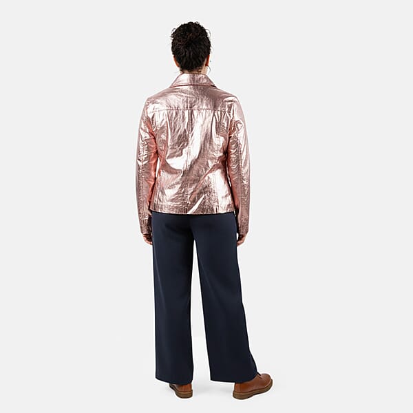 La Marey Rose Gold Metallic Genuine Leather Women's Jacket With Collar And Zip Front Closure - S