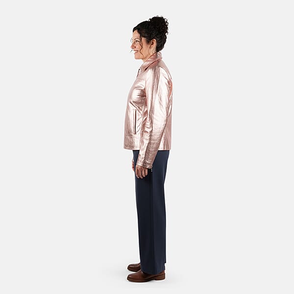 La Marey Rose Gold Metallic Genuine Leather Women's Jacket With Collar And Zip Front Closure - S