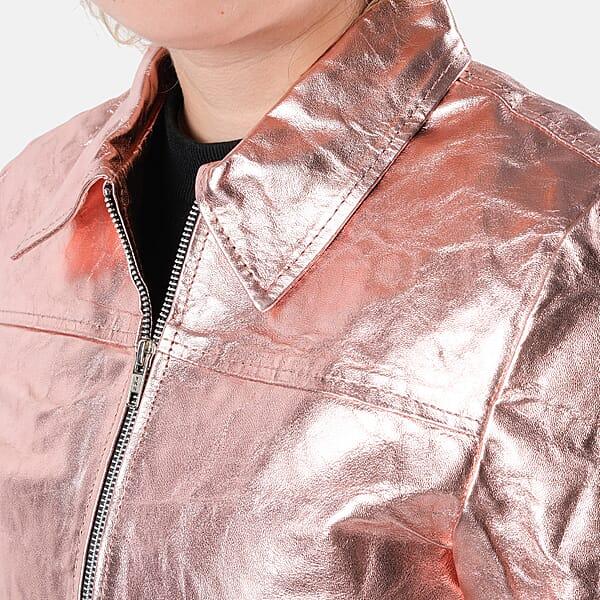 La Marey Rose Gold Metallic Genuine Leather Women's Jacket With Collar And Zip Front Closure - S