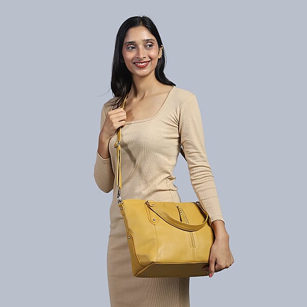 La Marey Tan Genuine Leather Front Zipper Tote Bag