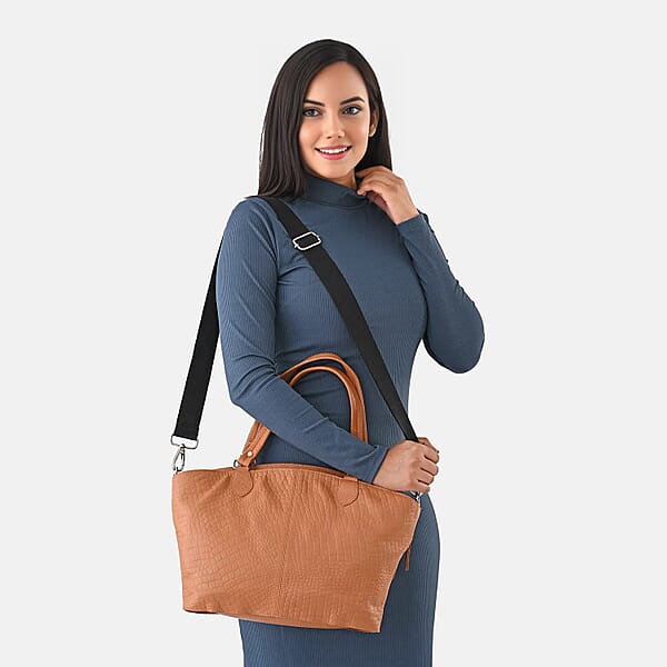 La Marey Tan Genuine Leather Tote Bag With Front Two Zip Pocket