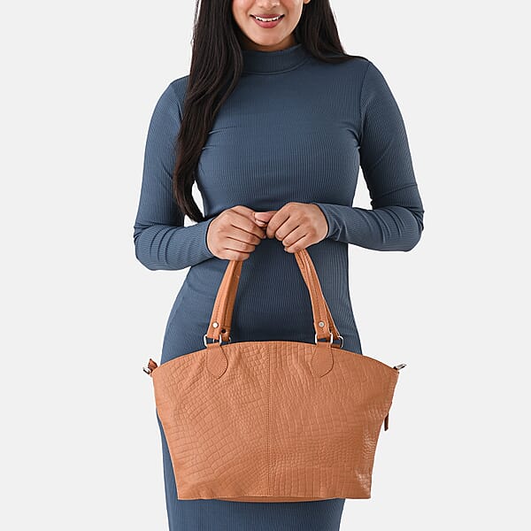 La Marey Tan Genuine Leather Tote Bag With Front Two Zip Pocket