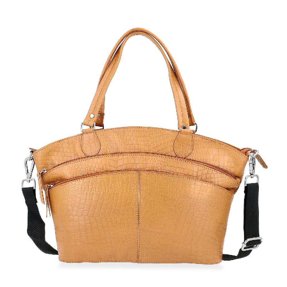 La Marey Tan Genuine Leather Tote Bag with Front Two Zip Pocket