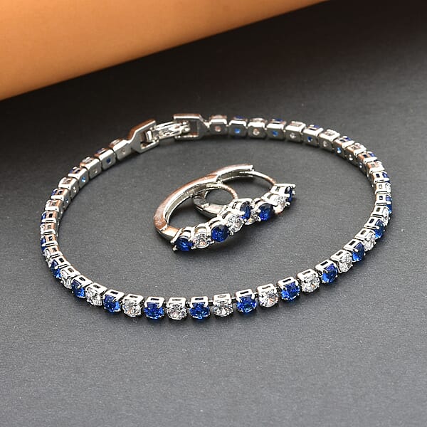 Lab Created Blue Sapphire And Simulated Diamond Tennis Bracelet (7.00 In) And Huggie Earrings In Silvertone