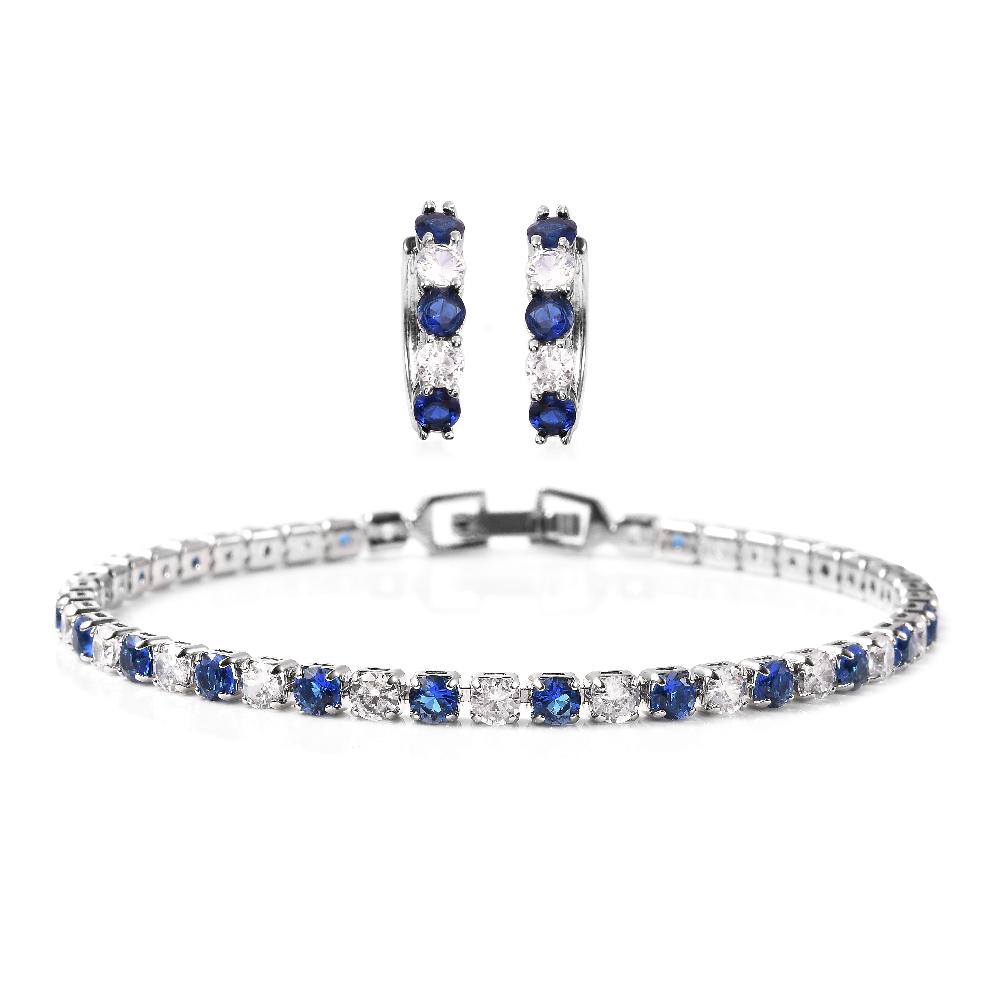 Lab Created Blue Sapphire and Simulated Diamond Tennis Bracelet (7.00 In) and Huggie Earrings in Silvertone