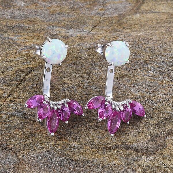 Lab Created Pink Sapphire And Lab Created Milky Opal Earrings In Sterling Silver
