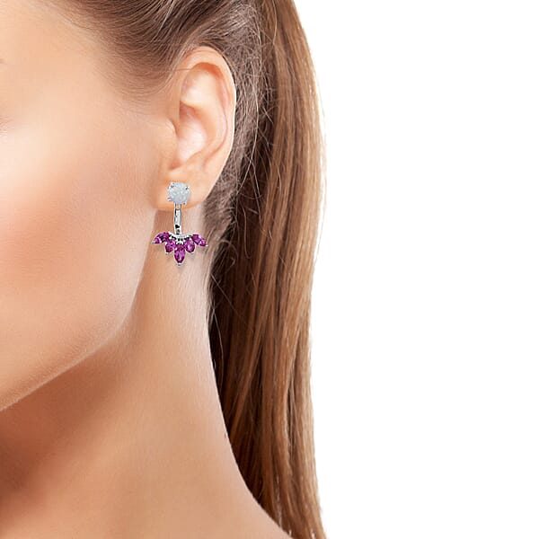 Lab Created Pink Sapphire And Lab Created Milky Opal Earrings In Sterling Silver