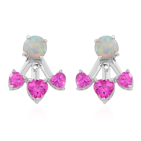Lab Created Pink Sapphire And Lab Created Milky Opal Earrings In Sterling Silver