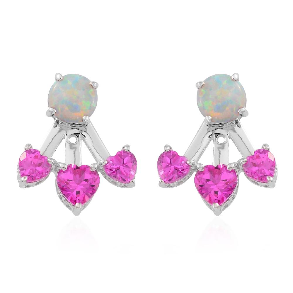 Lab Created Pink Sapphire and Lab Created Milky Opal Earrings in Sterling Silver