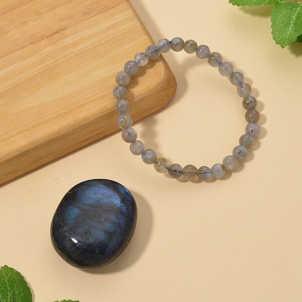 Labradorite 350.00 Ctw Large Palm And Beaded Stretch Bracelet