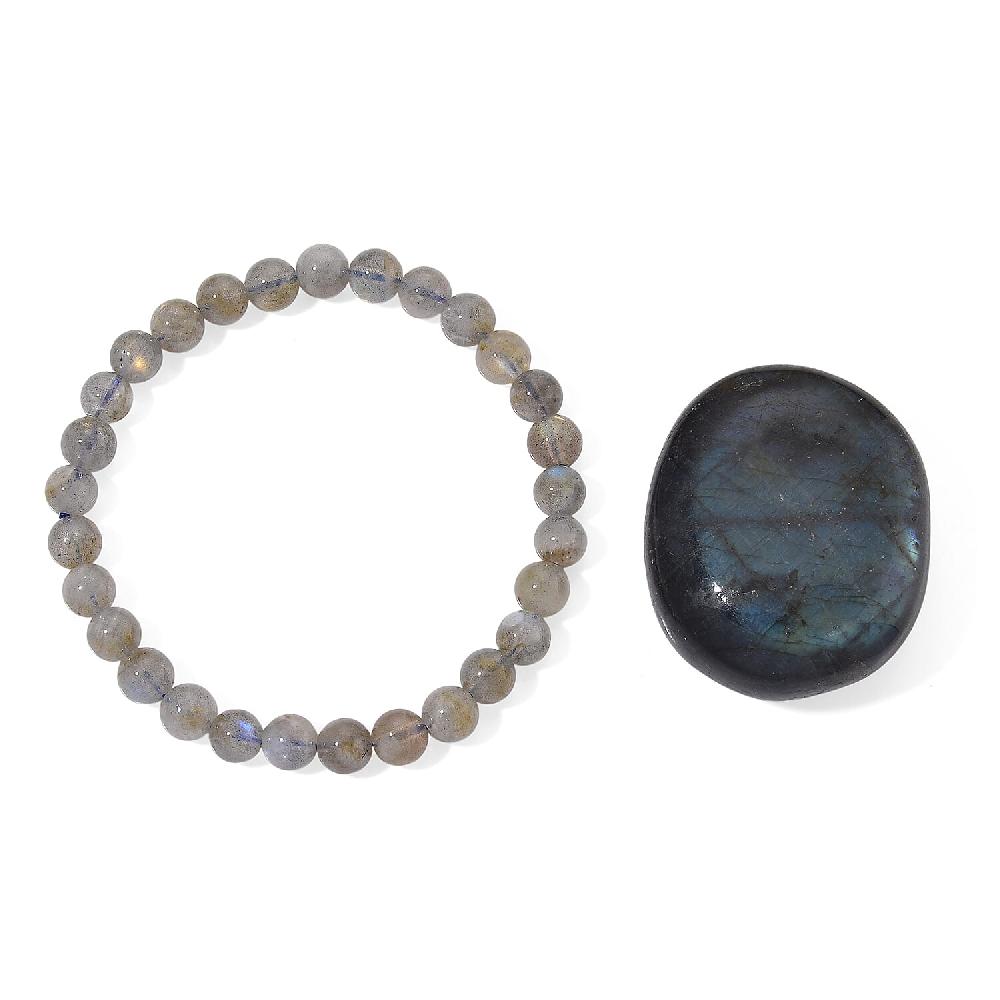 Labradorite 350.00 ctw Large Palm and Beaded Stretch Bracelet