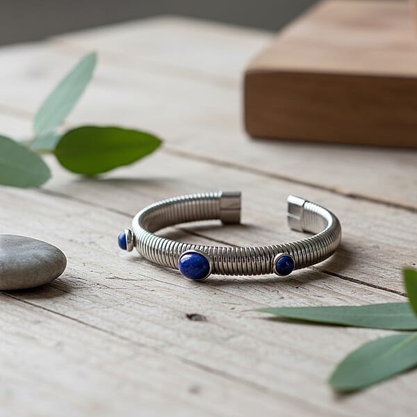 Lapis Lazuli 1.80 Ctw Cuff Bangle Bracelet In Stainless Steel (7-7.5In)