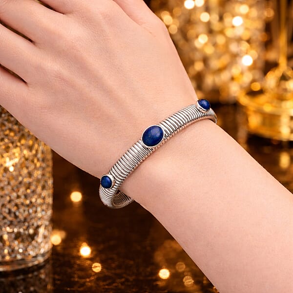 Lapis Lazuli 1.80 Ctw Cuff Bangle Bracelet In Stainless Steel (7-7.5In)