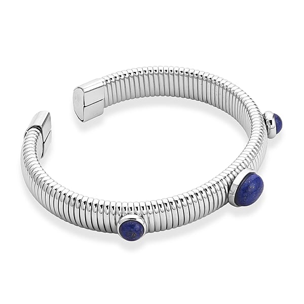 Lapis Lazuli 1.80 Ctw Cuff Bangle Bracelet In Stainless Steel (7-7.5In)