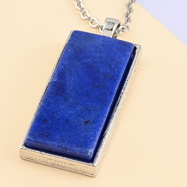 Lapis Lazuli 10.00 Ctw Dogtag Pendant In Silvertone With Stainless Steel Necklace 24 Inches