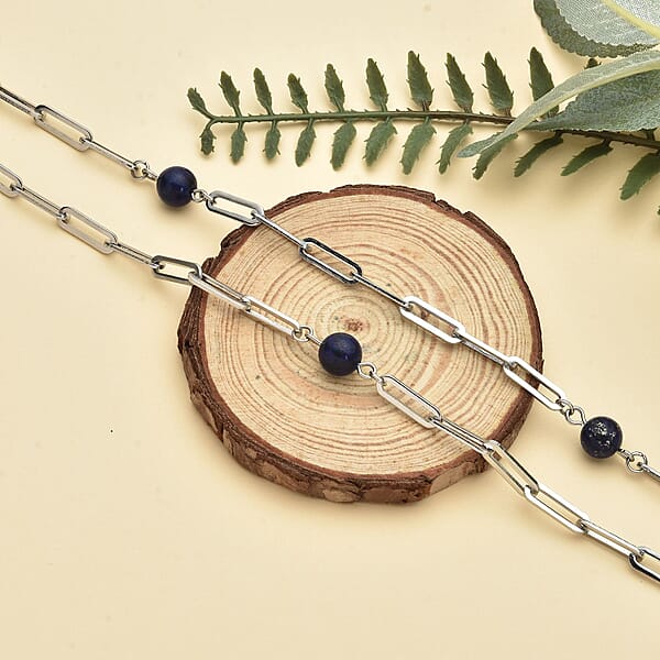Lapis Lazuli 17.50 Ctw 7-9mm Beaded Paper Clip Station Necklace In Stainless Steel 28 Inches Tarnish-Free Waterproof Sweat Proof Jewelry