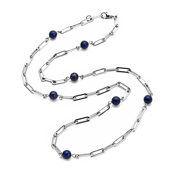 Lapis Lazuli 17.50 Ctw 7-9mm Beaded Paper Clip Station Necklace In Stainless Steel 28 Inches Tarnish-Free Waterproof Sweat Proof Jewelry