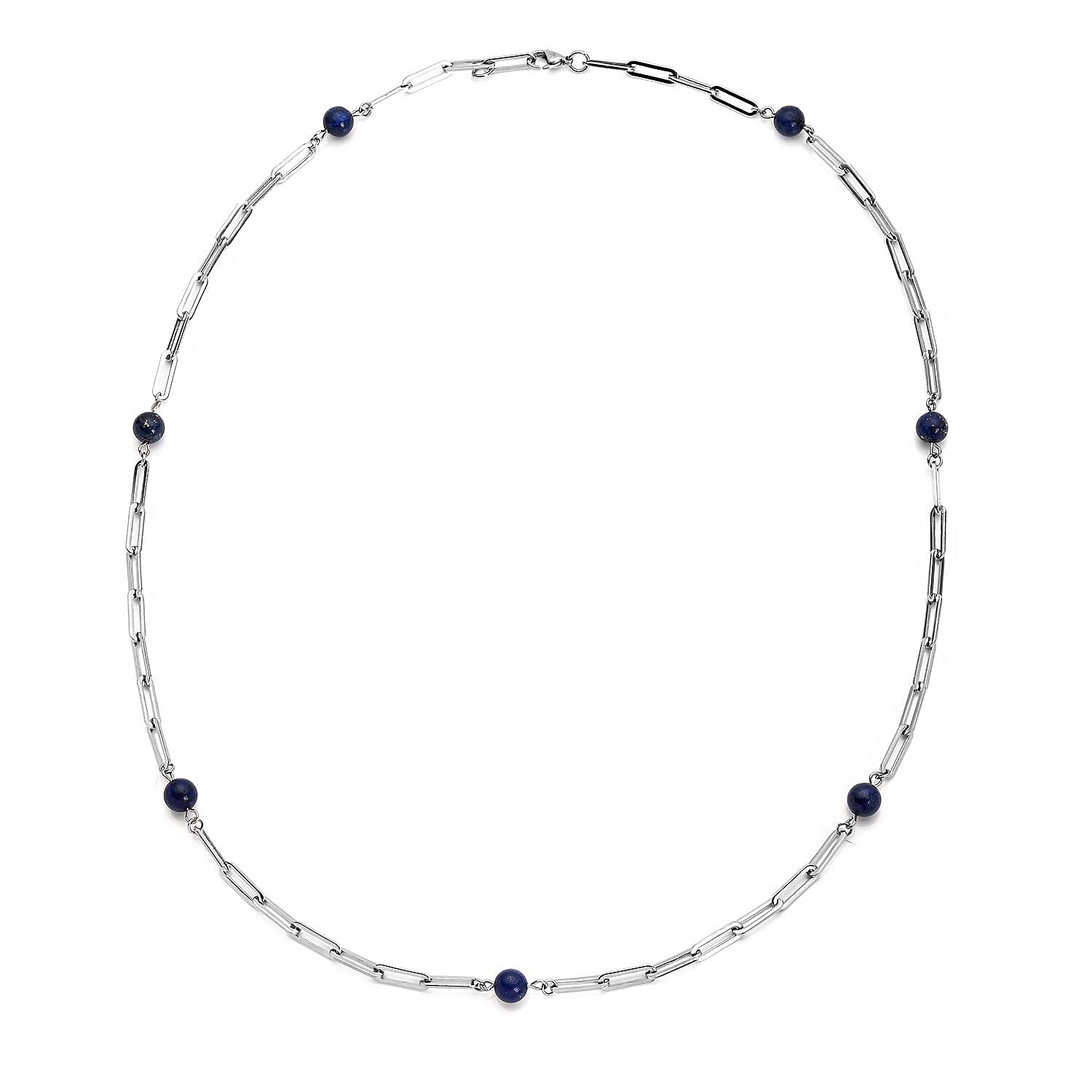 Lapis Lazuli 17.50 ctw 7-9mm Beaded Paper Clip Station Necklace in Stainless Steel 28 Inches Tarnish-Free Waterproof Sweat Proof Jewelry