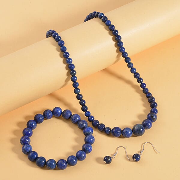 Lapis Lazuli 211.00 Ctw Beaded Stretch Bracelet Earrings And Necklace (18 Inches) With Lobster Clasp In Sterling Silver