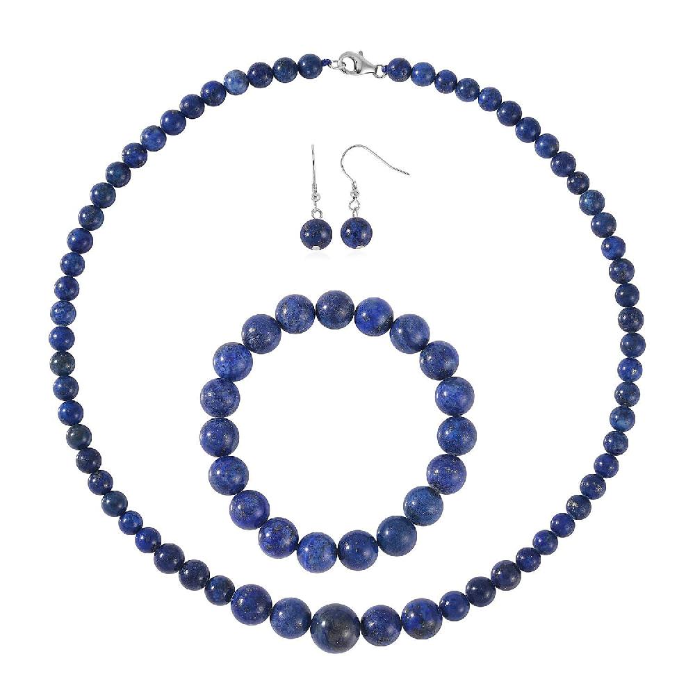 Lapis Lazuli 211.00 ctw Beaded Stretch Bracelet Earrings and Necklace (18 Inches) with Lobster Clasp in Sterling Silver
