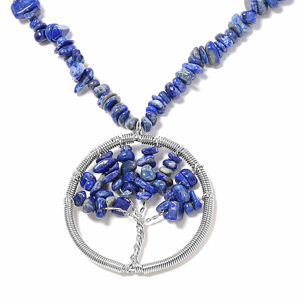 Lapis Lazuli 271.00 Ctw Family Tree Of Life Earrings And Pendant Necklace In Stainless Steel 18-20 Inches