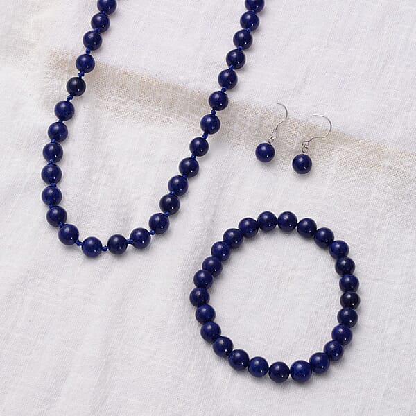 Lapis Lazuli 277.00 Ctw Beaded Stretch Bracelet Earrings And Necklace Set In Sterling Silver (18.00 In)