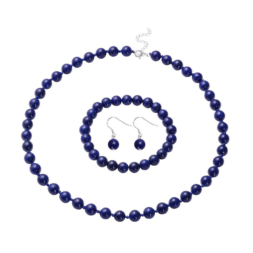 Lapis Lazuli 277.00 ctw Beaded Stretch Bracelet Earrings and Necklace Set in Sterling Silver (18.00 In)