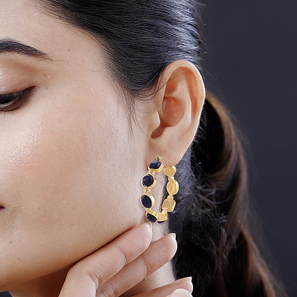 Lapis Lazuli 50.00 Ctw Hoop Earrings In Goldtone