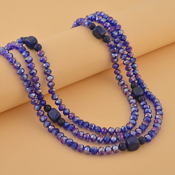 Lapis Lazuli And Blue Glass Beaded Multi Strand Necklace 20-22 Inches In Goldtone 15.00 Ctw