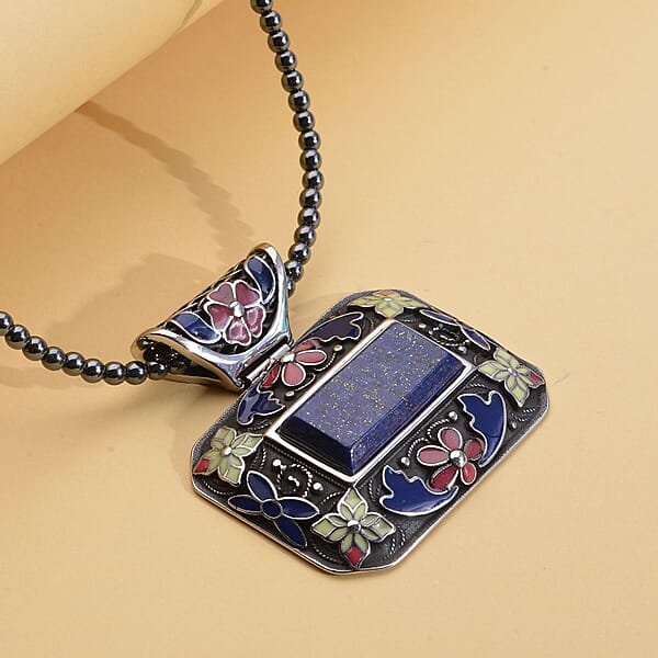 Lapis Lazuli Bead Pendant Necklace In Stainless Steel Enameled Pendant With Bead Necklace 60.25 Ctw (18 Inches)