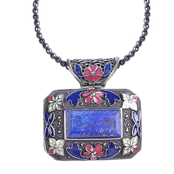 Lapis Lazuli Bead Pendant Necklace In Stainless Steel Enameled Pendant With Bead Necklace 60.25 Ctw (18 Inches)