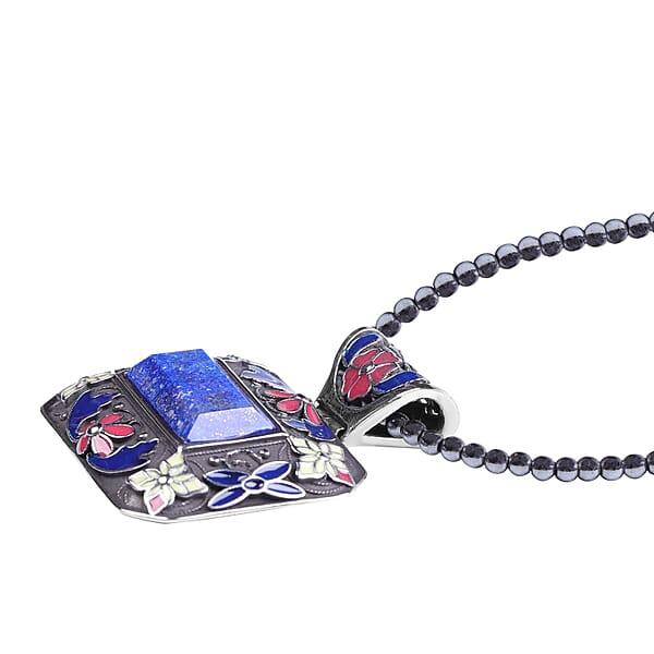 Lapis Lazuli Bead Pendant Necklace In Stainless Steel Enameled Pendant With Bead Necklace 60.25 Ctw (18 Inches)