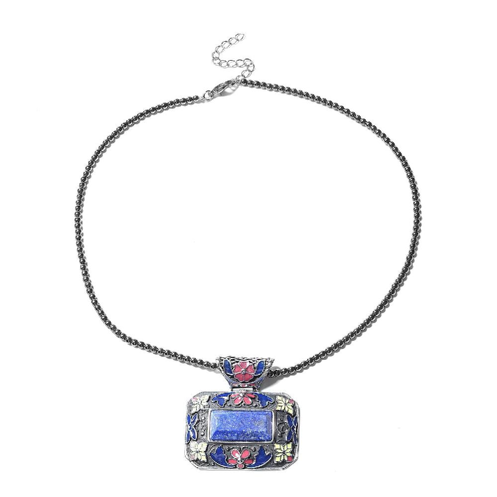 Lapis Lazuli Bead Pendant Necklace in Stainless Steel Enameled Pendant With Bead Necklace 60.25 ctw (18 Inches)