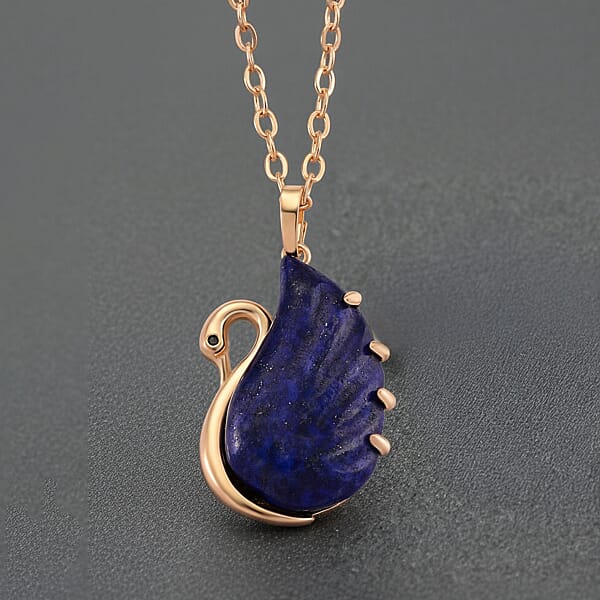 Lapis Lazuli Simulated Black Diamond 25.00 Ctw Carved Swan Pendant Necklace In Goldtone 20 Inches