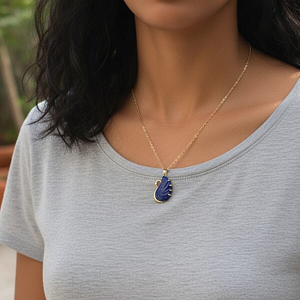 Lapis Lazuli Simulated Black Diamond 25.00 Ctw Carved Swan Pendant Necklace In Goldtone 20 Inches