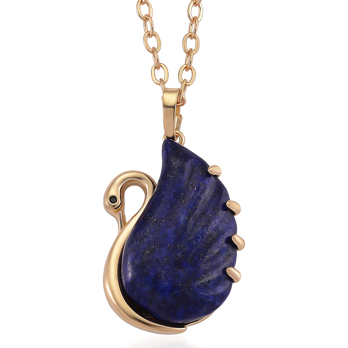 Lapis Lazuli Simulated Black Diamond 25.00 ctw Carved Swan Pendant Necklace in Goldtone 20 Inches