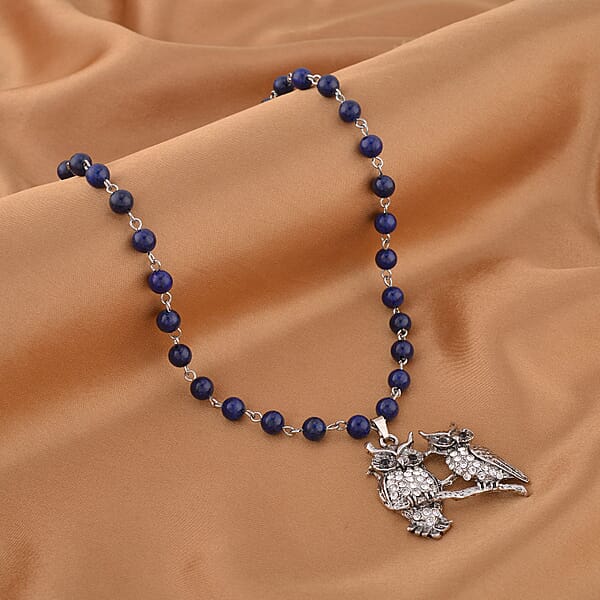Lapis Lazuli White And Black Austrian Crystal 90.00 Ctw Owl Couple Necklace In Silvertone 18-20 Inches