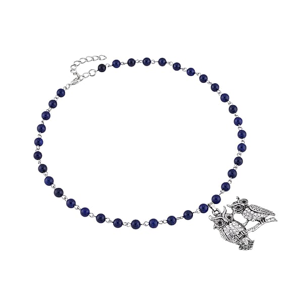 Lapis Lazuli White And Black Austrian Crystal 90.00 Ctw Owl Couple Necklace In Silvertone 18-20 Inches