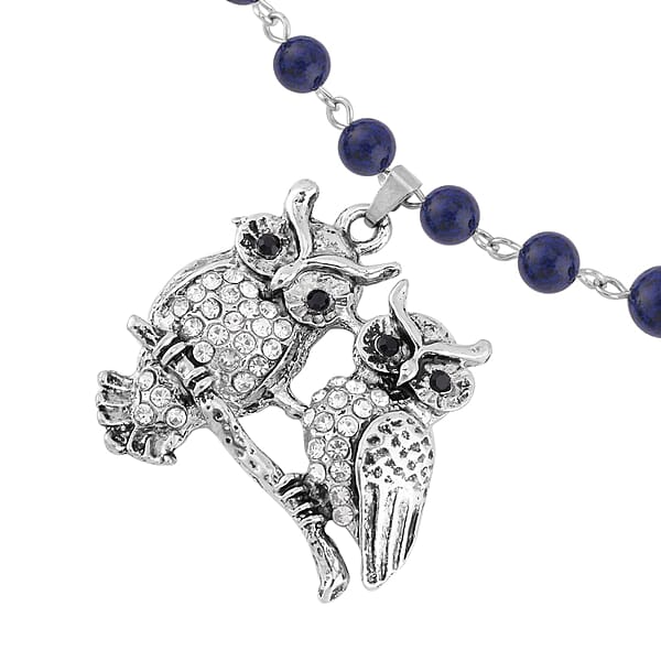 Lapis Lazuli White And Black Austrian Crystal 90.00 Ctw Owl Couple Necklace In Silvertone 18-20 Inches