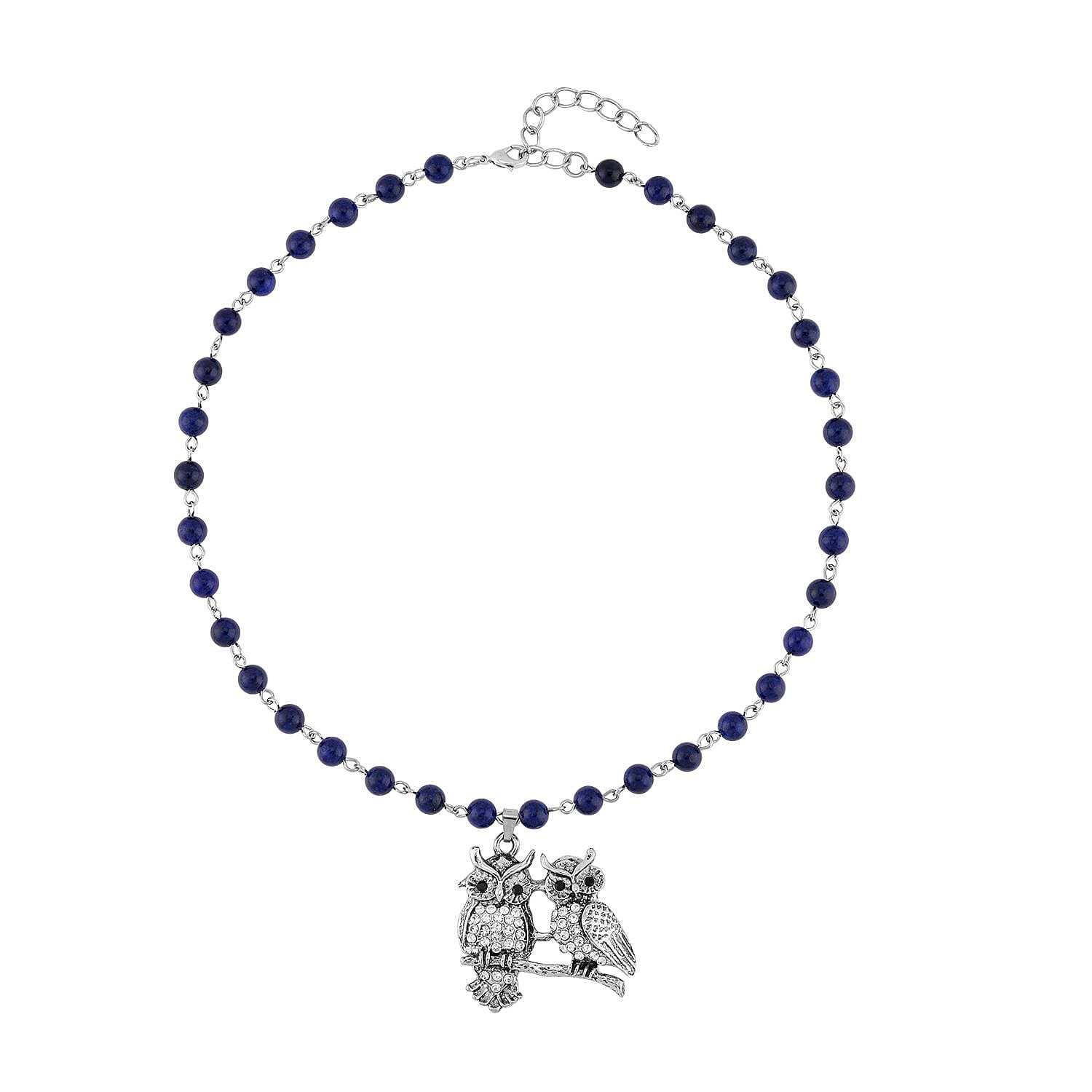 Lapis Lazuli White and Black Austrian Crystal 90.00 ctw Owl Couple Necklace in Silvertone 18-20 Inches